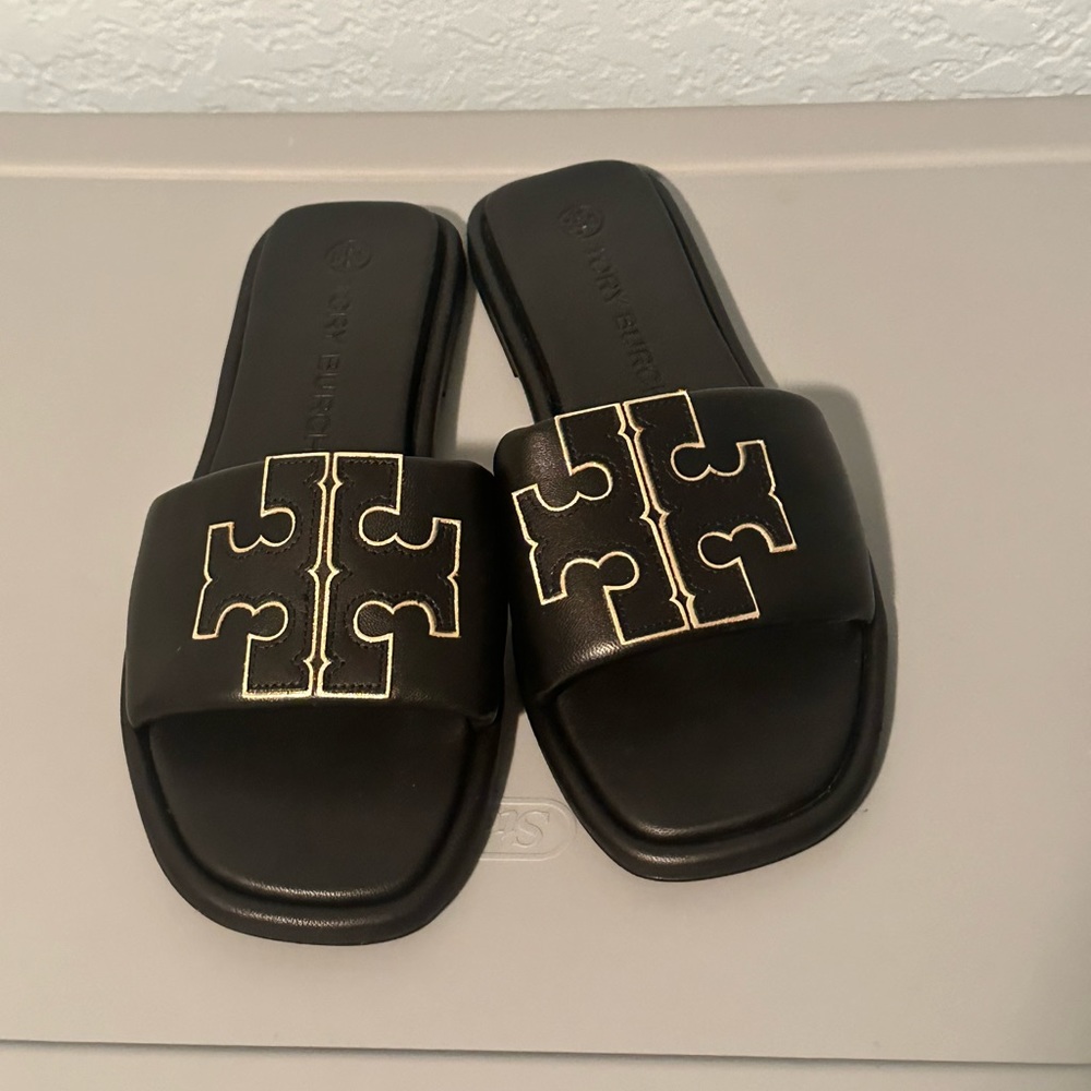 Black/ gold Tory Burch slides